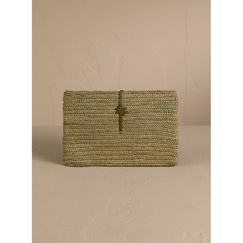 Raffia Clutch Leather Palm Green
