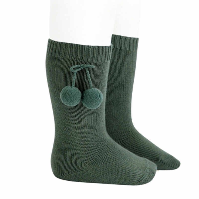 Warm Knee-High Socks With Pompoms – Pine