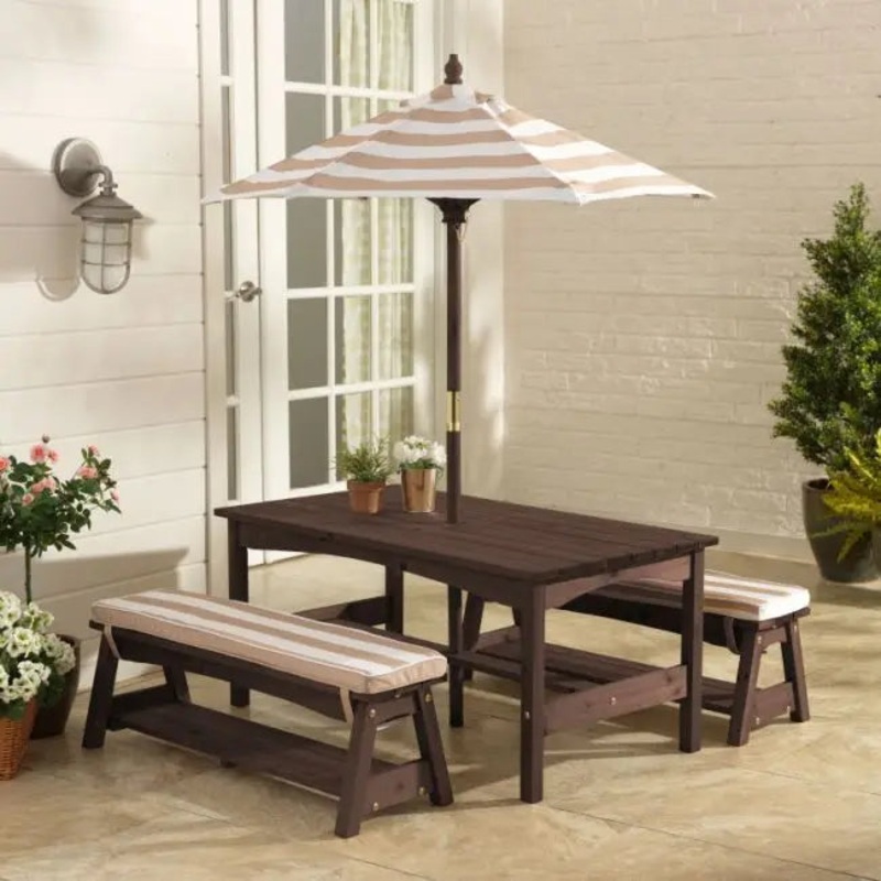 Outdoor Table & Bench Set with Cushions & Umbrella – Oatmeal & White Stripes 500