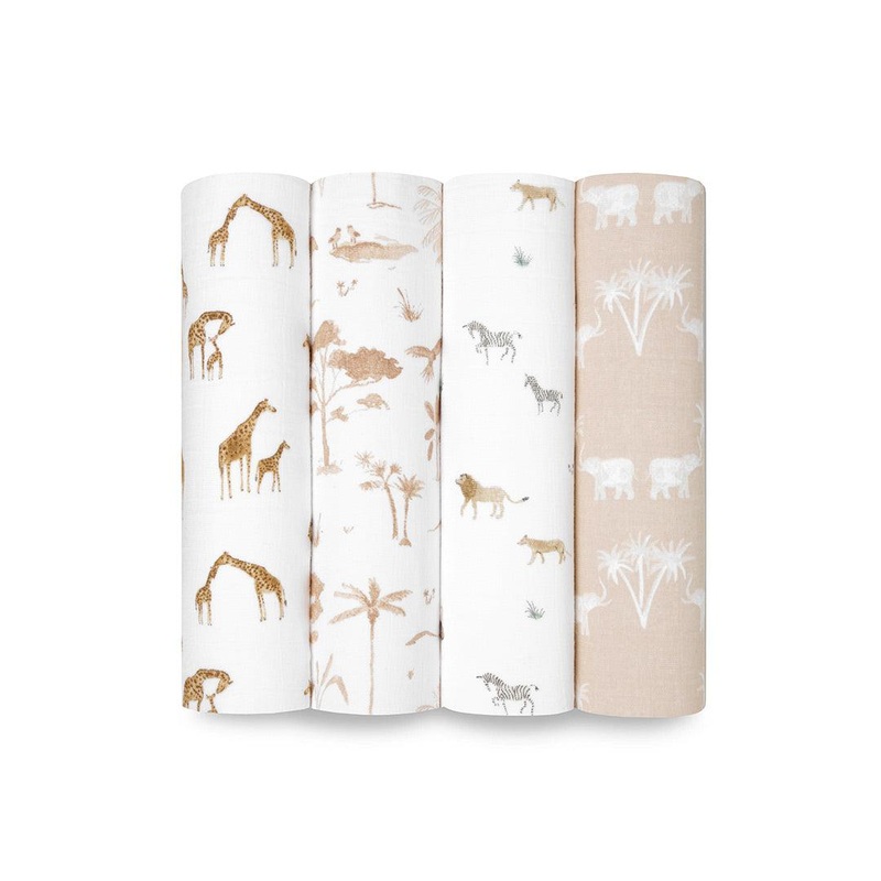 aden + anais Large Organic Cotton Muslin Swaddles – 4 Pack – Safari Dreams