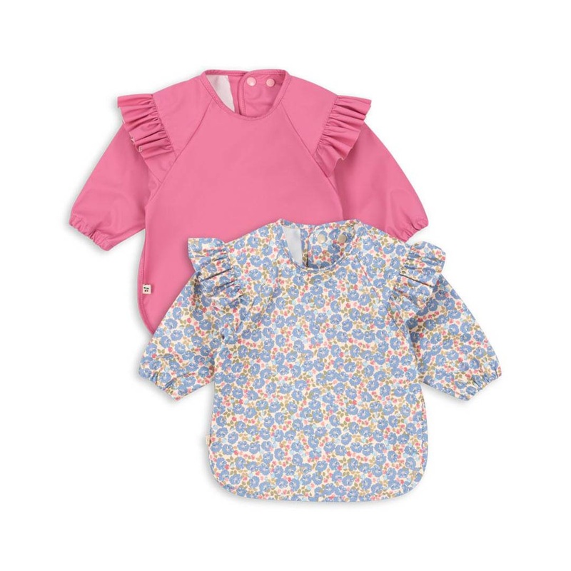 Konges Slojd Dinner Bib with Sleeves & Frill – 2 Pack – Fleur Rosier / Chateau Rose