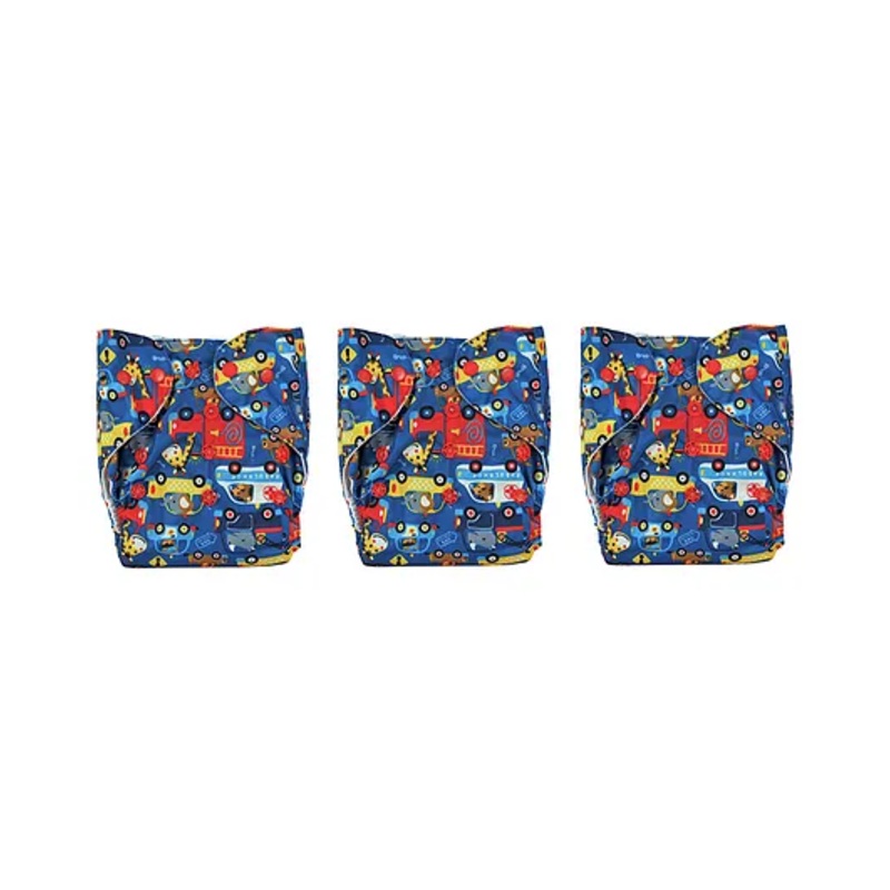 Adore Baby Unisize Adjustable Cloth Diaper with 5-Layer Charcoal Insert Vehicle Theme Pack of 3 – Navy Blue