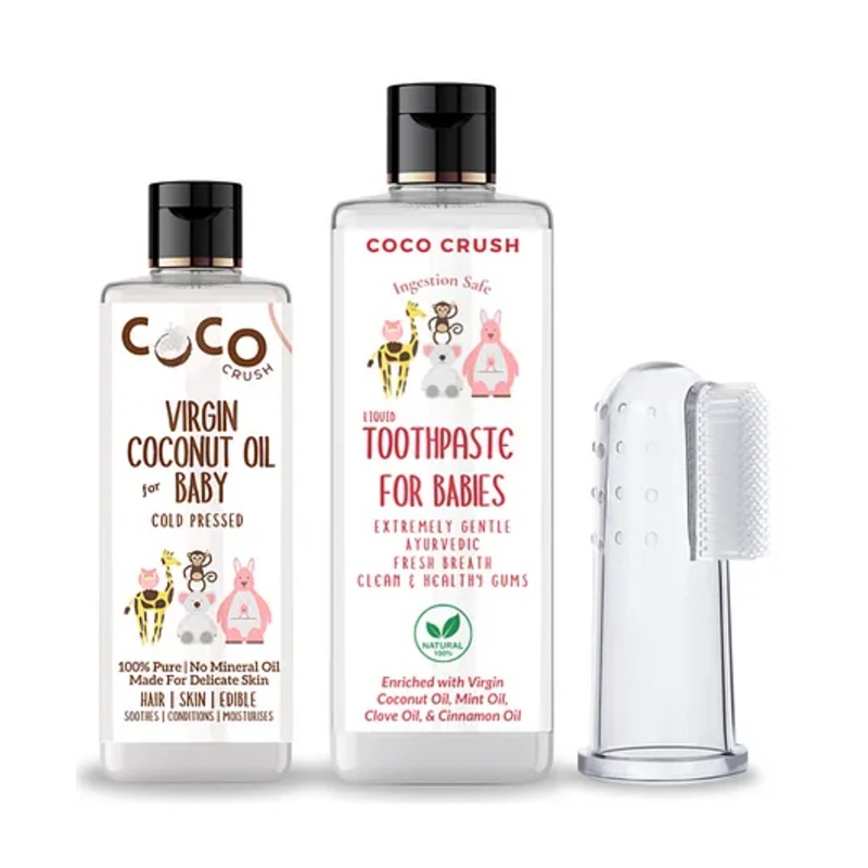 Coco Crush Combo of Virgin Coconut Oil for Babies, 100ml and Ayurvedic Kids Liquid Toothpaste, 200ml & Toothbrush, 1pc