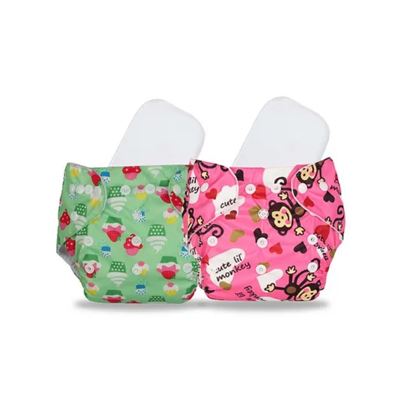 Chinmay Kids Cloth Diaper Cute Prints Freesize Reusable Washable Adjustable Snap Buttons Cloth Diaper For Babies With Wet Free Insert Pads Leak Proof & Dry Feel Set of 2 – Green & Pink