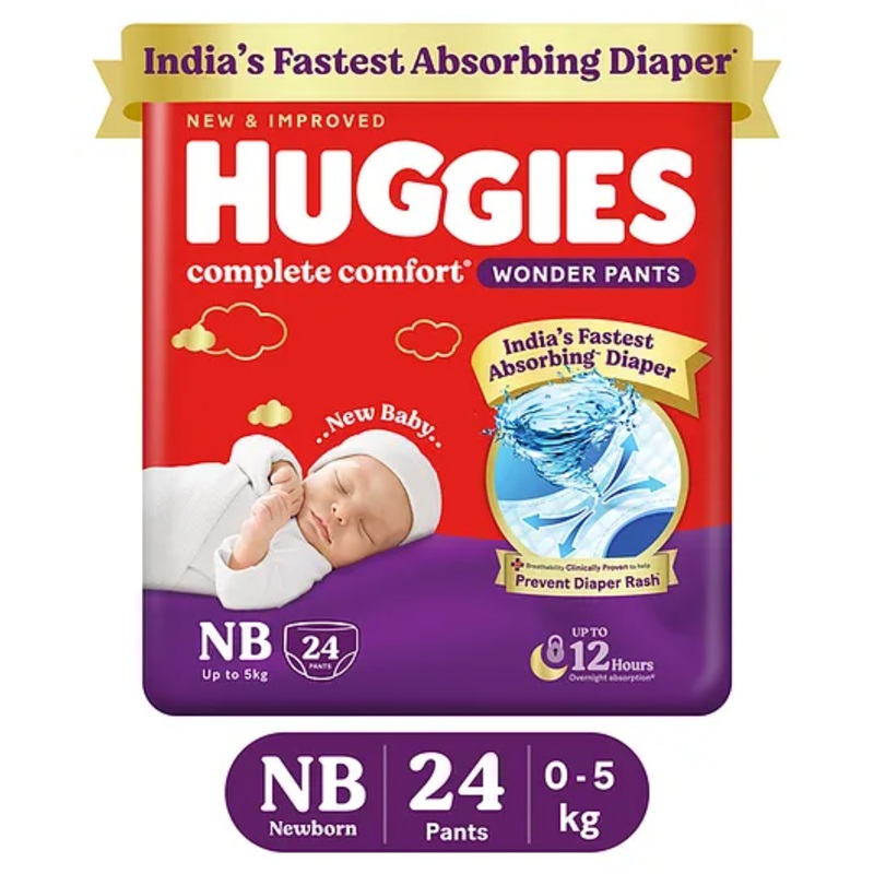 Huggies Complete Comfort Wonder Pants, India’s Fastest Absorbing Diaper | Newborn Size, 24 Diapers