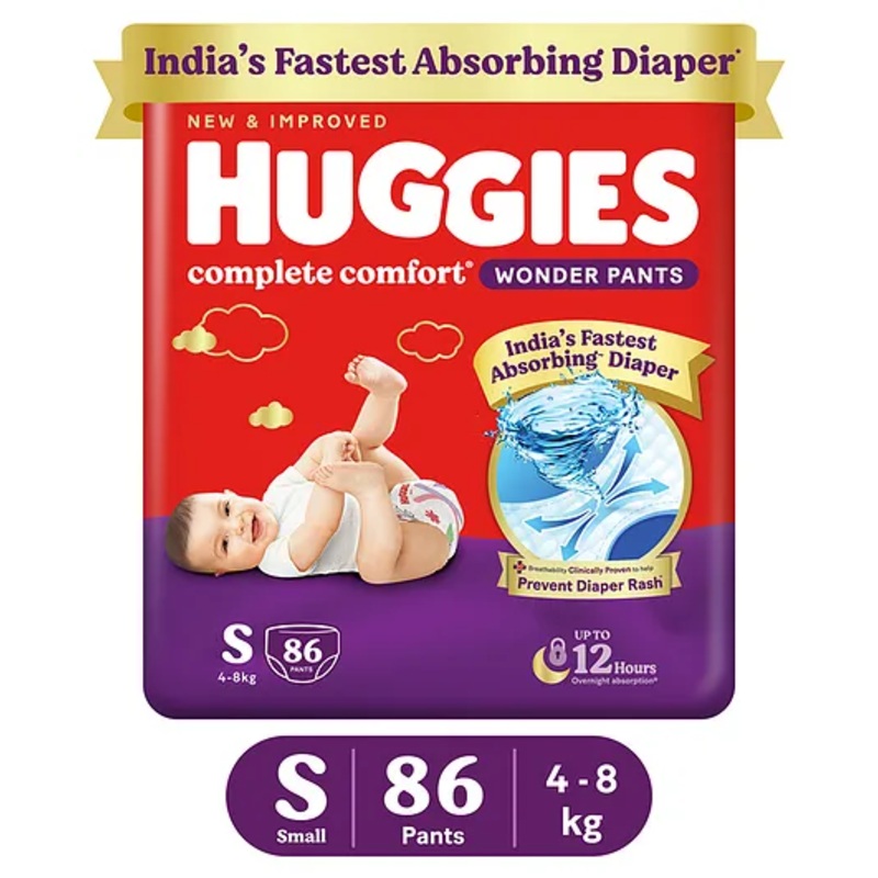 Huggies Complete Comfort Wonder Pants, India’s Fastest Absorbing Diaper | S Size, 86 Diapers