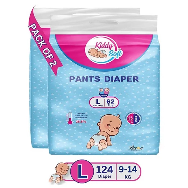 KiddySoft Baby Diaper Pants | Super Absorbent with Criss Cross Layer | Up to 12 Hours Protection | Softest Top Sheet | Comfortable Fit | Large (9-14 KG) | Pack of 2 (124 Diapers )