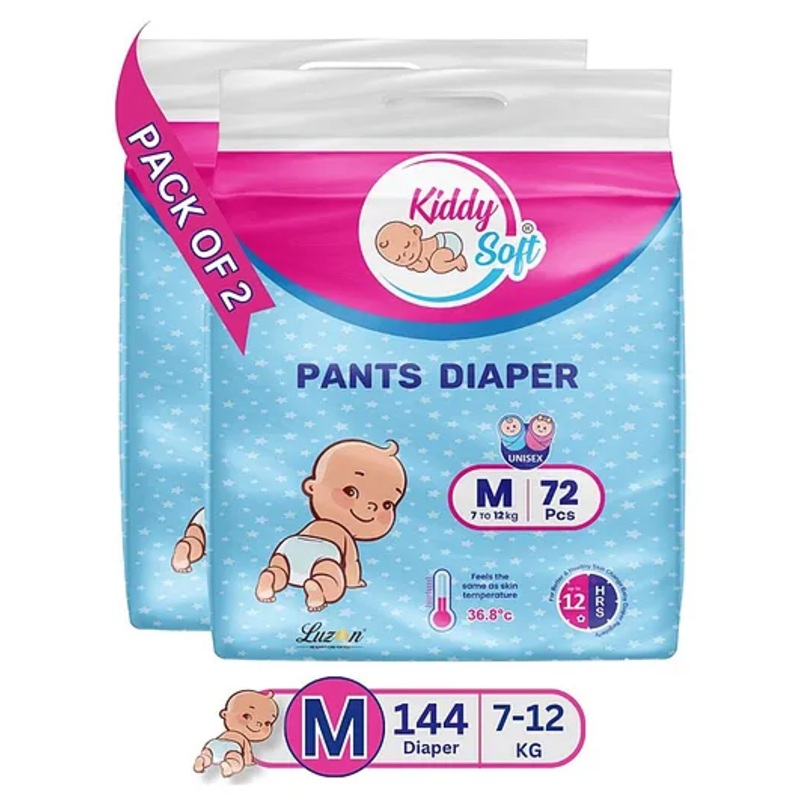 KiddySoft Baby Diaper Pants | Super Absorbent with Criss Cross Layer | Up to 12 Hours Protection | Softest Top Sheet | Comfortable Fit | Medium (7-12 KG) | Pack of 2 (144 Diapers )