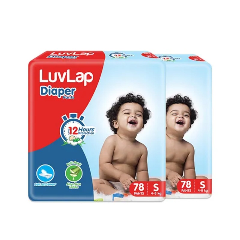 LuvLap Pant Style Baby Diapers, Small (SM), Pack of 2, 156 Pants, Aloe Vera Lotion, 12hr Protection, White