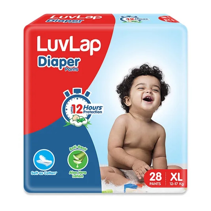 LuvLap Pant Style Baby Diapers, X-Large (XL), 28 Count, Aloe Vera Lotion, 12hr Protection, White