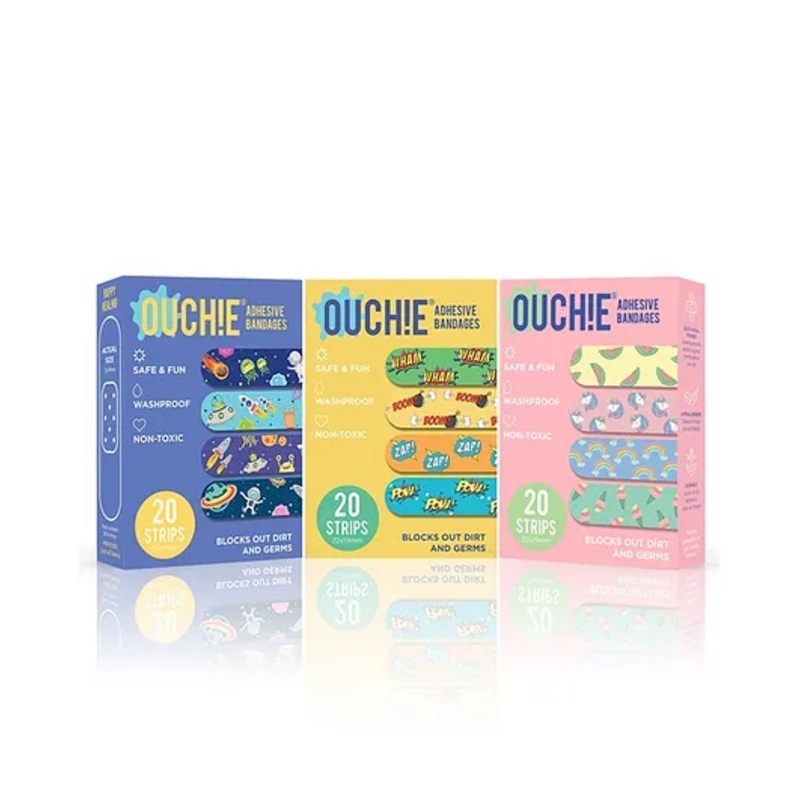 Ouchie Printed Bandages Pack of 3 Blue Yellow Pink – 20 Bandages each