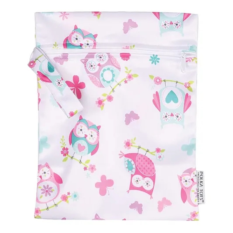 POLKA TOTS Waterproof & Reusable Wet Dry Baby Diaper Bag with Zipper for Travel (Pack of 2), Beach, Pool, Dirty Gym Clothes, Wet Swimsuits, Toiletries (30 x 40 cm, Flamingo & Owl Design)