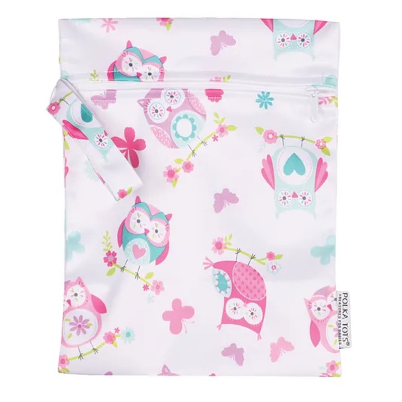 POLKA TOTS Waterproof & Reusable Wet Dry Diaper Bag with Zipper for Travel Toiletries (30 x 40 CM Owl)