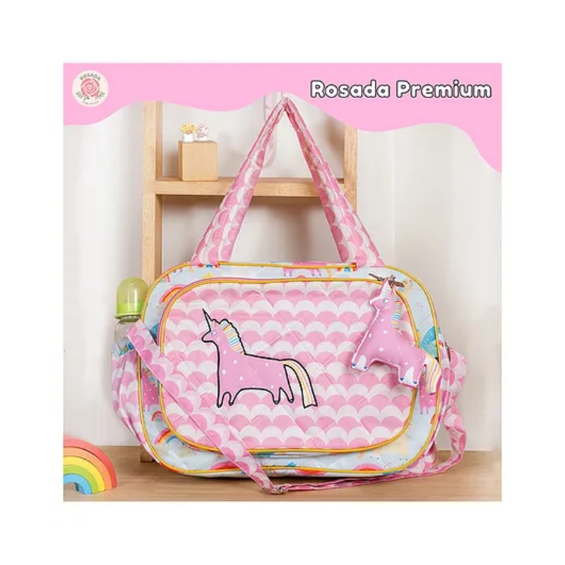 Rosada Blue Unicorn Trendy Mini Sling Diaper Bag for Baby Mom | Outing Travel Lightweight Waterproof Washable Spacious Zip Compartments and Shoulder Sling with Hanging Soft Toy  Mini