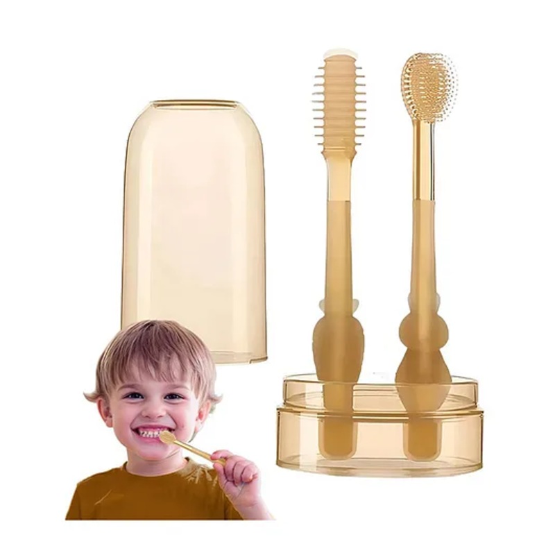 Tony Stark Baby Oral Cleaning Brush 2 In 1 Toothbrush Tongue Brush Bpa Free Soft Silicone Bristle Oral Care Toothbrush For Baby 6 Month To 24 Months With Storage Box – Brown