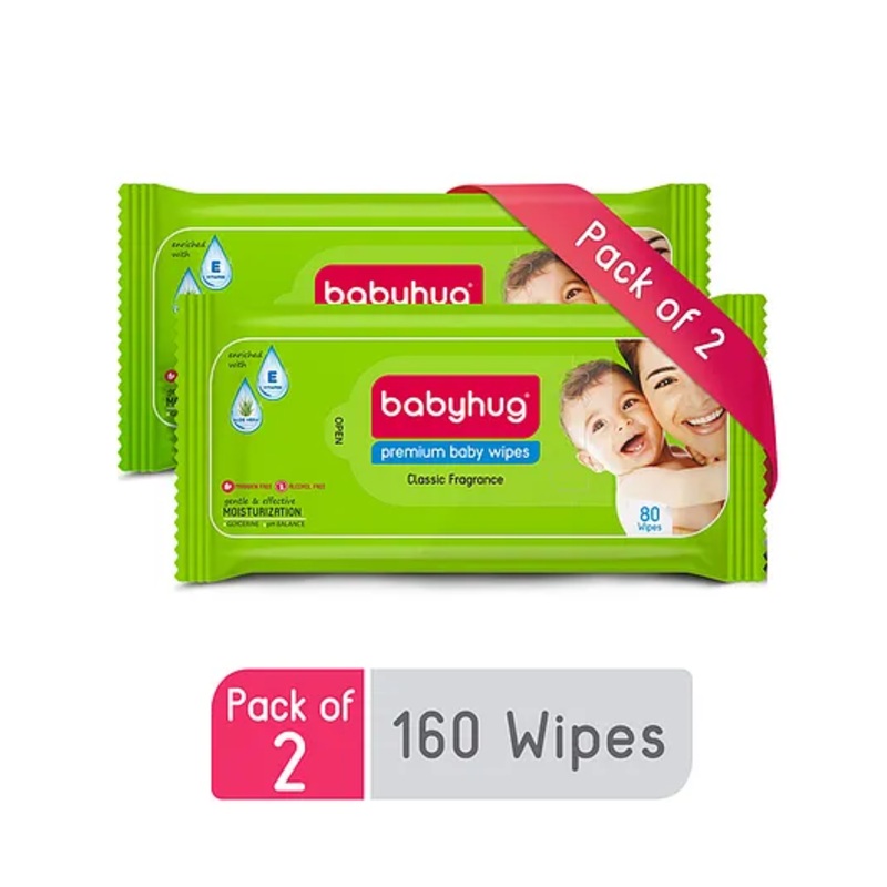 Babyhug Premium Baby Wet Wipes with Moisturising Aloe Vera Pack of 2 –  80 Pieces Each