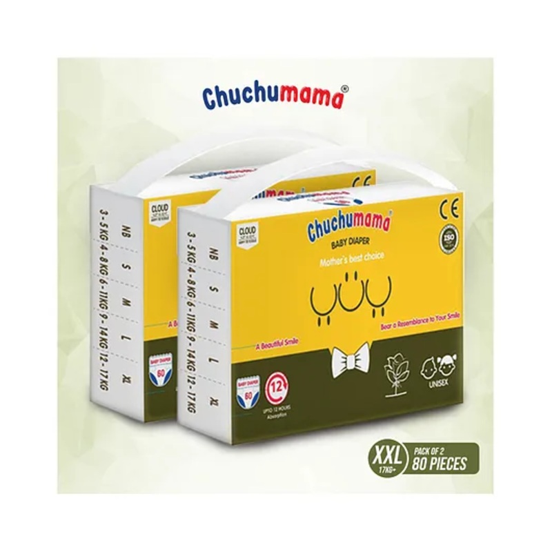Chuchumama Taped Style (VELCRO) Baby Diaper, Extreme Extra Large (XXL) Size Baby Diaper taped, 17 – 23 kg, Combo Pack of 2, 40 count Per Pack, 80 count, with Bubble Bed Technology for comfort