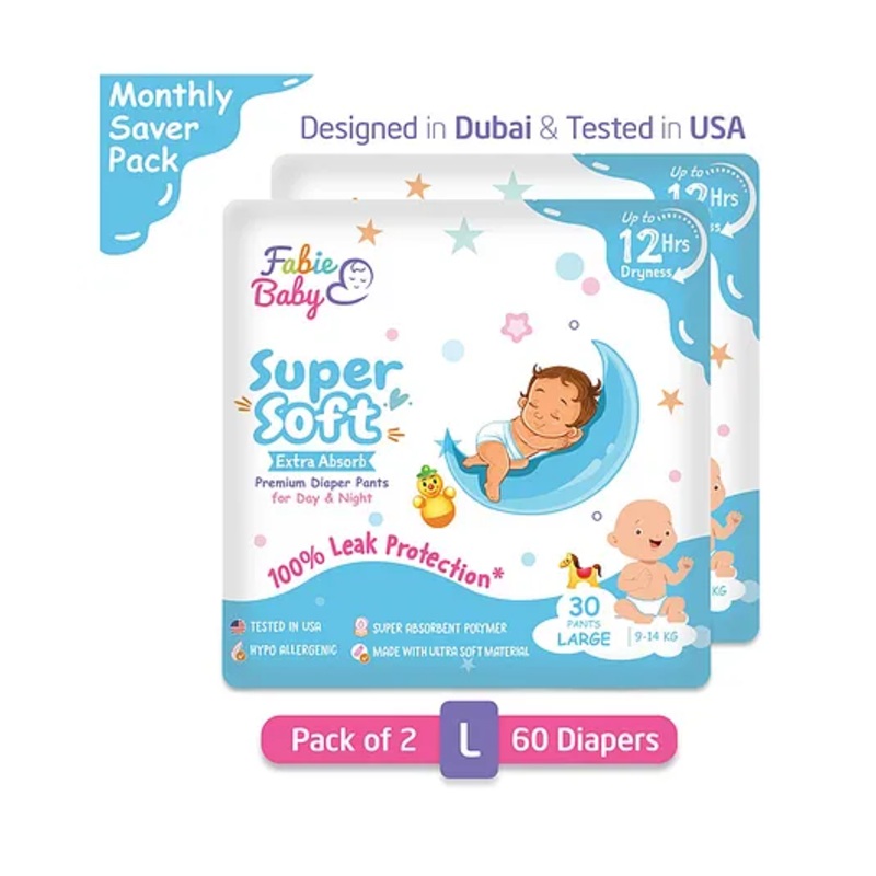 Fabie Baby Premium 12 Hrs Protection Diaper Pants Large (30Pcs) – Pack of 2