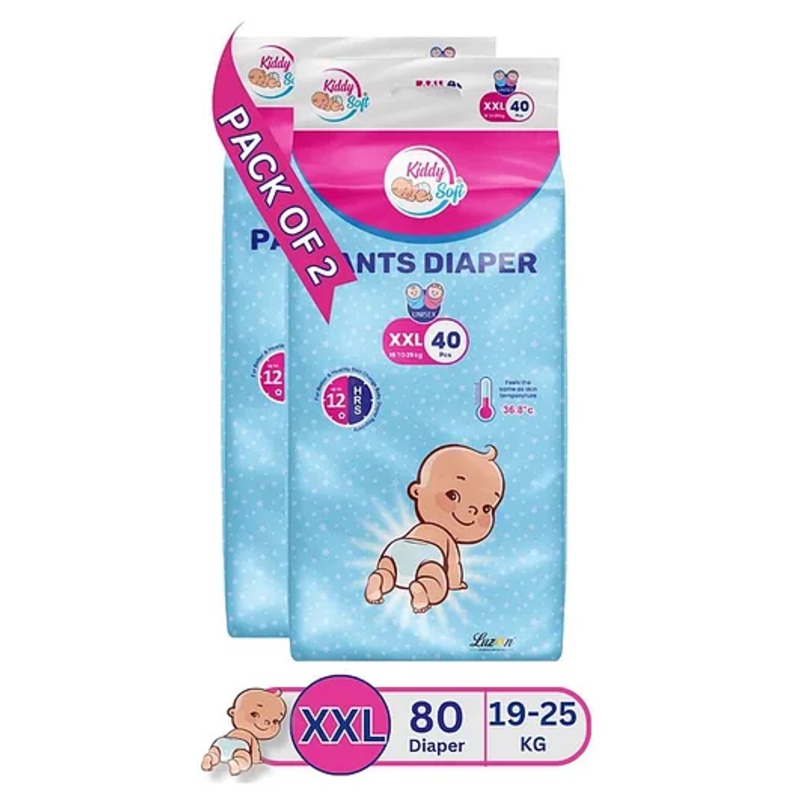 KiddySoft Baby Diaper Pants | Super Absorbent with Criss Cross Layer | Up to 12 Hours Protection | Softest Top Sheet | Comfortable Fit | XXL (19-25 KG) | Pack of 2 (80 Diapers )