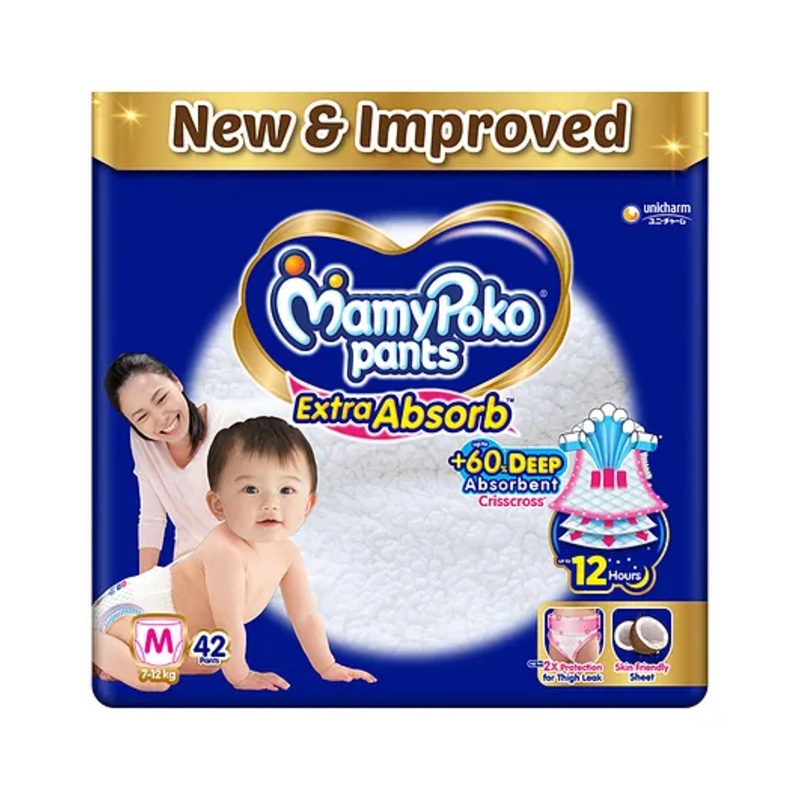 MamyPoko Pants Extra Absorb Baby Diapers, Medium (M size) | 7-12 kg | 42 Count |Deep Sleep Diapers| Soft gentle fit |Deep Absorbent Crisscross | skin friendly with coconut oil |