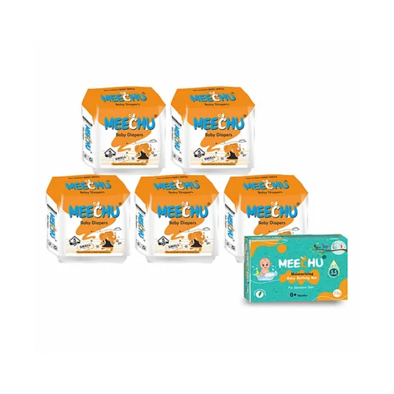 Meechu Baby Diapers (Small) Combo Pack of 5 With One Baby Bathing Bar Free – 25 Pieces