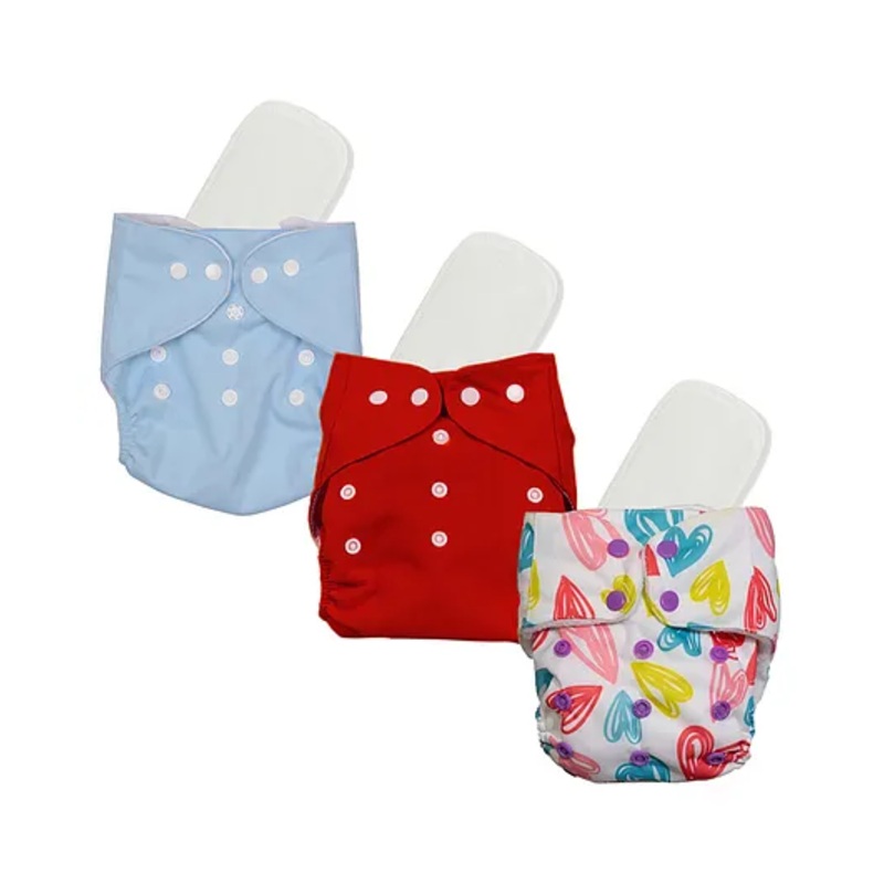 Mylo Baby Freesize Adjustable Cloth Diapers with 3 Free Insert Oeko Tex Certified Pack of 3 – Blue Red Heart Print Multicolour