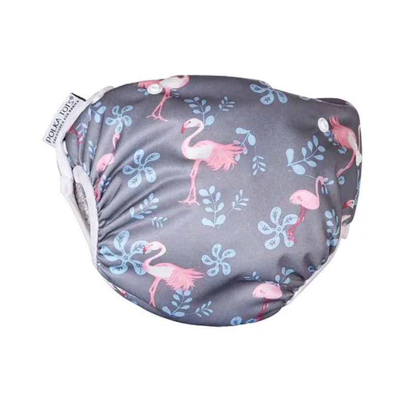 Polka Tots Reusable and Washable Baby Swim Diaper Costume With Size Adjustable Flamingo Design for 12 to 24 Months Kids – Grey