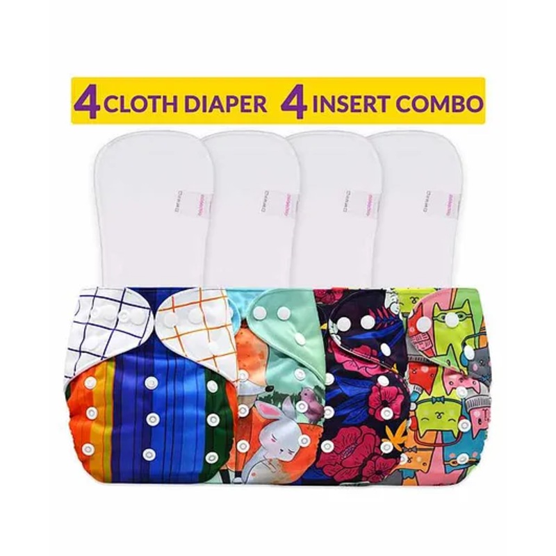 Bembika Printed Reusable Cloth Diapers With Inserts Pack of 4 – Multicolor