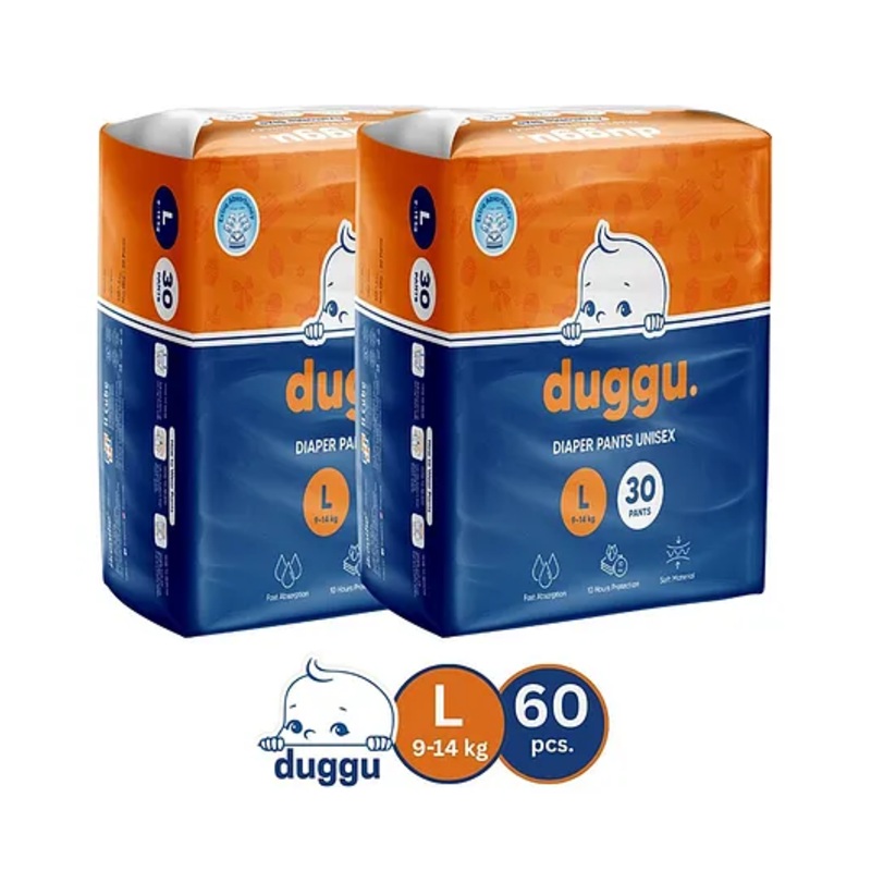 Duggu Baby Diaper Pants | Feather-Like Cotton Feel | Up to 10-Hour Absorption | Soft Elastic Waistband | Highly Absorbent | Large | 9-14 KG | Pack of 2 – 60 Diapers