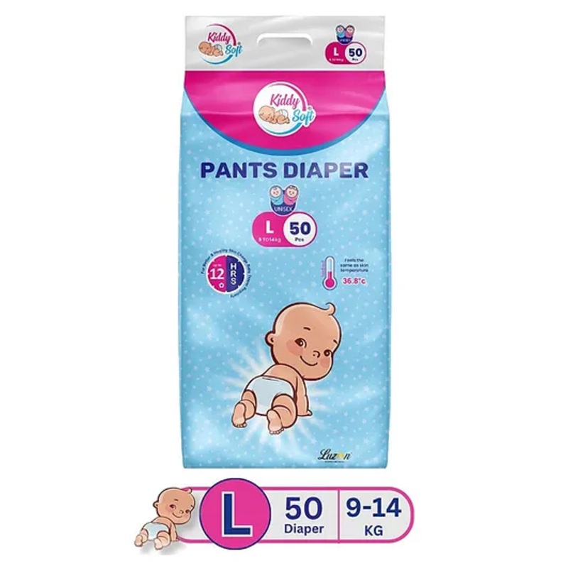 KiddySoft Baby Diaper Pants | Super Absorbent with Criss Cross Layer | Up to 12 Hours Protection | Softest Top Sheet | Comfortable Fit | Large (9-14 KG) | Pack of 1 (50 Diapers )