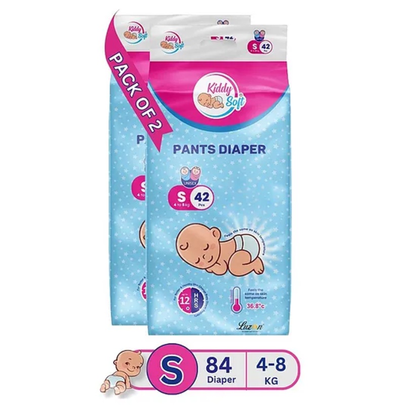 KiddySoft Baby Diaper Pants | Super Absorbent with Criss Cross Layer | Up to 12 Hours Protection | Softest Top Sheet | Comfortable Fit | Small (4-8 KG) | Pack of 2 (84 Diapers )