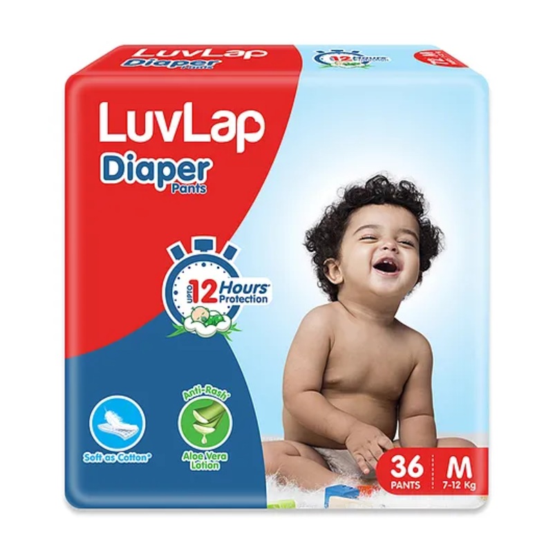 LuvLap Pant Style Baby Diapers, Medium (M), 36 Count, Aloe Vera Lotion, 12hr Protection, White