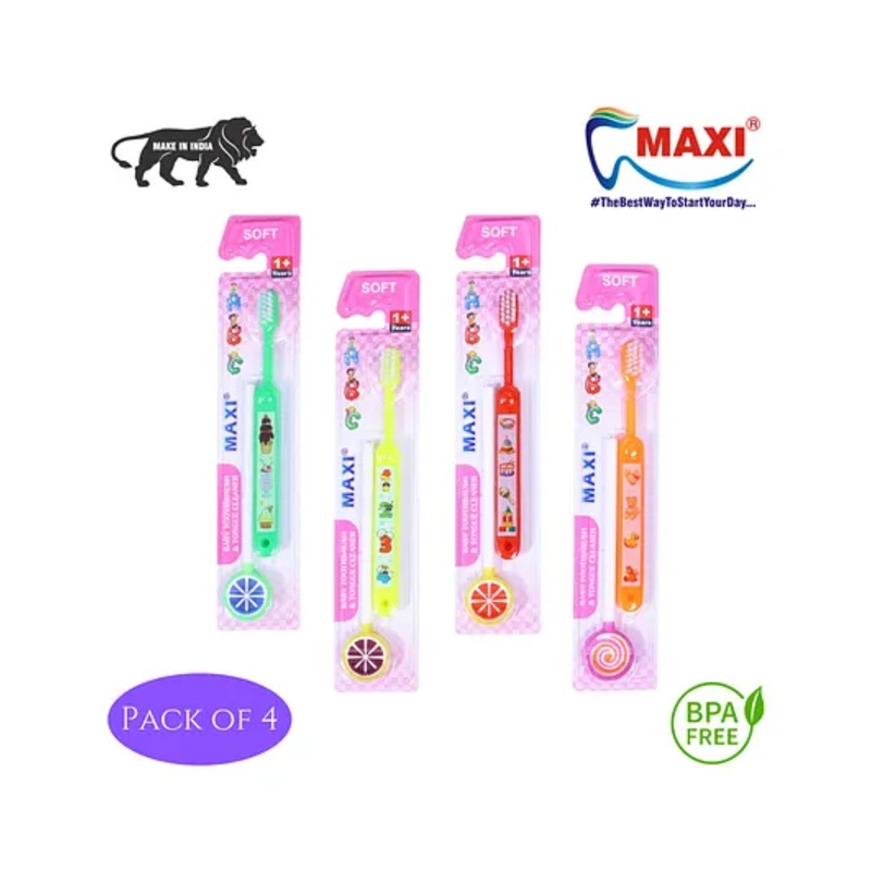 Maxi Abc Baby Toothbrush and Tongue Cleaner Oral Hygiene Kit Multicolour – Pack of 4