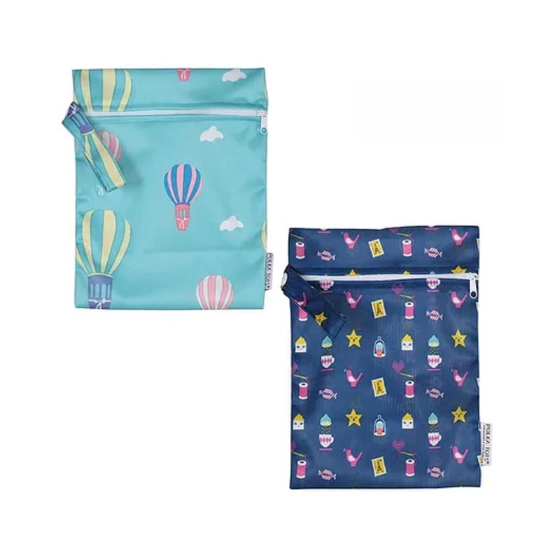 POLKA TOTS Waterproof & Reusable Wet Dry Baby Diaper Bag with Zipper for Travel (Pack of 2), Beach, Pool, Dirty Gym Clothes, Wet Swimsuits, Toiletries (30 x 40 cm, Air Balloons & Mix Design)