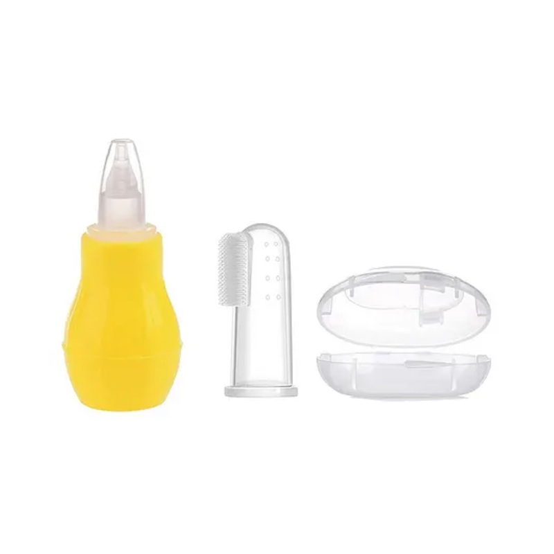 Baby Miniature Silicone Yellow Nose Cleaner Nasal Aspirator and Baby Silicone Finger Toothbrush with case for Babies