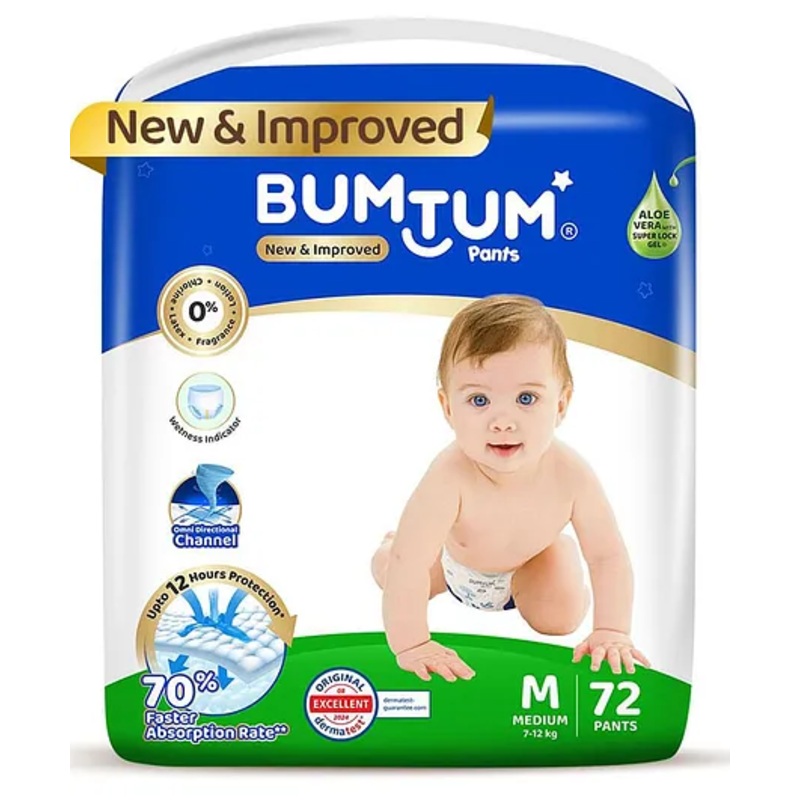 Bumtum Baby Diaper Pants with Double Layer Leakage Protection Infused With Aloe Vera, Cottony Soft High Absorb Technology  Medium – 72 Pieces
