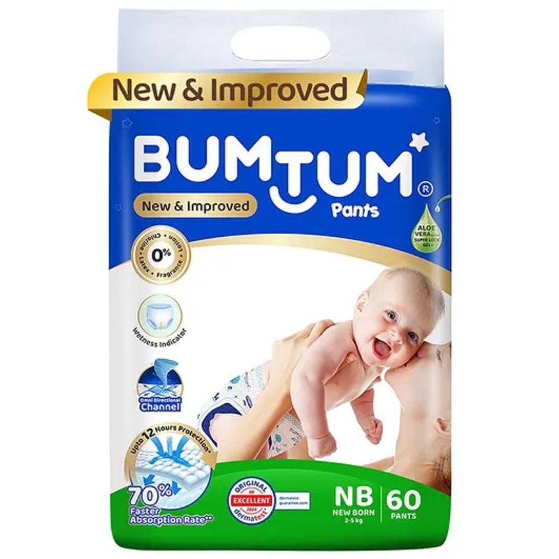Bumtum Baby Diaper Pants with Double Layer Leakage Protection Infused With Aloe Vera, Cottony Soft High Absorb Technology  New Born – 60 Pieces