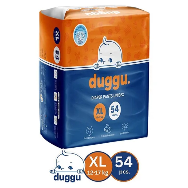 Duggu Baby Diaper Pants | Feather-Like Cotton Feel | Up to 10-Hour Absorption | Soft Elastic Waistband | Highly Absorbent | Extra Large | 12-17 KG | Pack of 1 – 54 Diapers