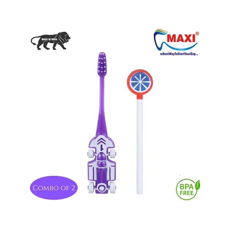 MAXI Oral Care Combo of 2-(1 Kids) Zoom Car Junior Toothbrush & (1 TC) Lollipop Tongue Cleaner Pack Of 2 – Colour May Vary