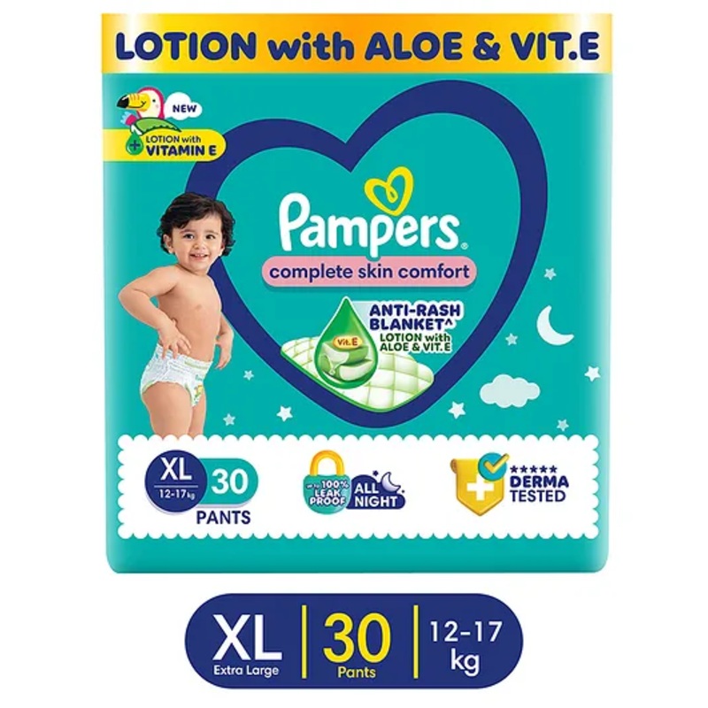 Pampers Complete Skin Comfort Pants, Anti-rash blanket, Lotion with Vitamin E & Aloe Vera, Extra Large size baby Diapers, (Xl) 30 Count, 12-17 kg