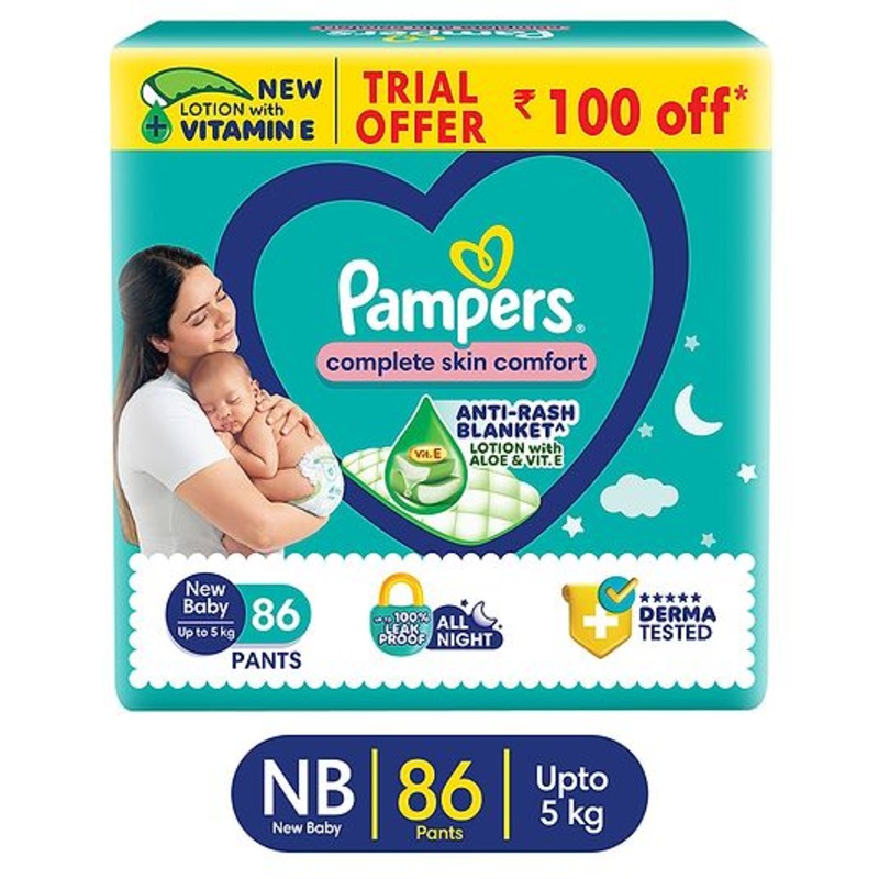 Pampers Complete Skin Comfort Pants, Anti-rash blanket, Lotion with Vitamin E & Aloe Vera, New Born size baby Diapers, (Nb) 86 Count, upto 5  kg