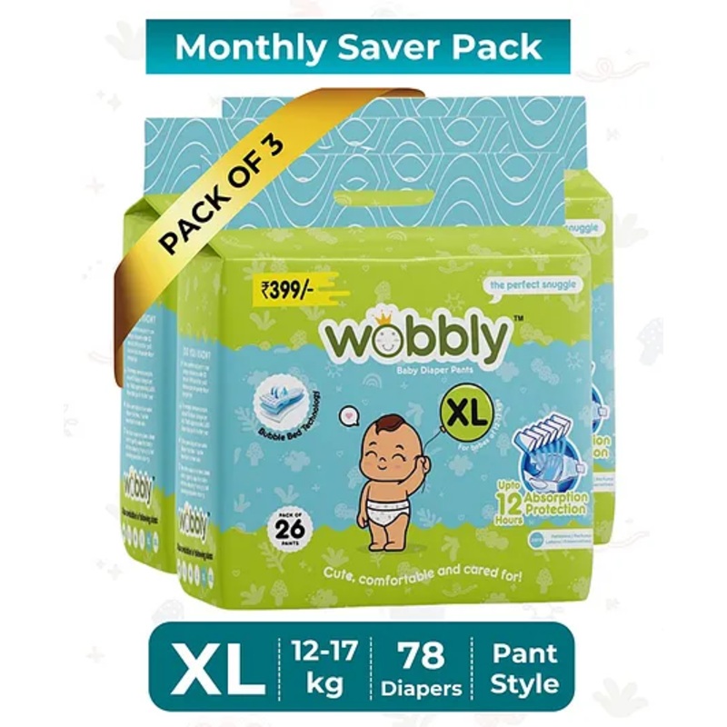 Wobbly Baby Diaper Pants | Extra Large (XL) Size 12-17kgs – 78 count