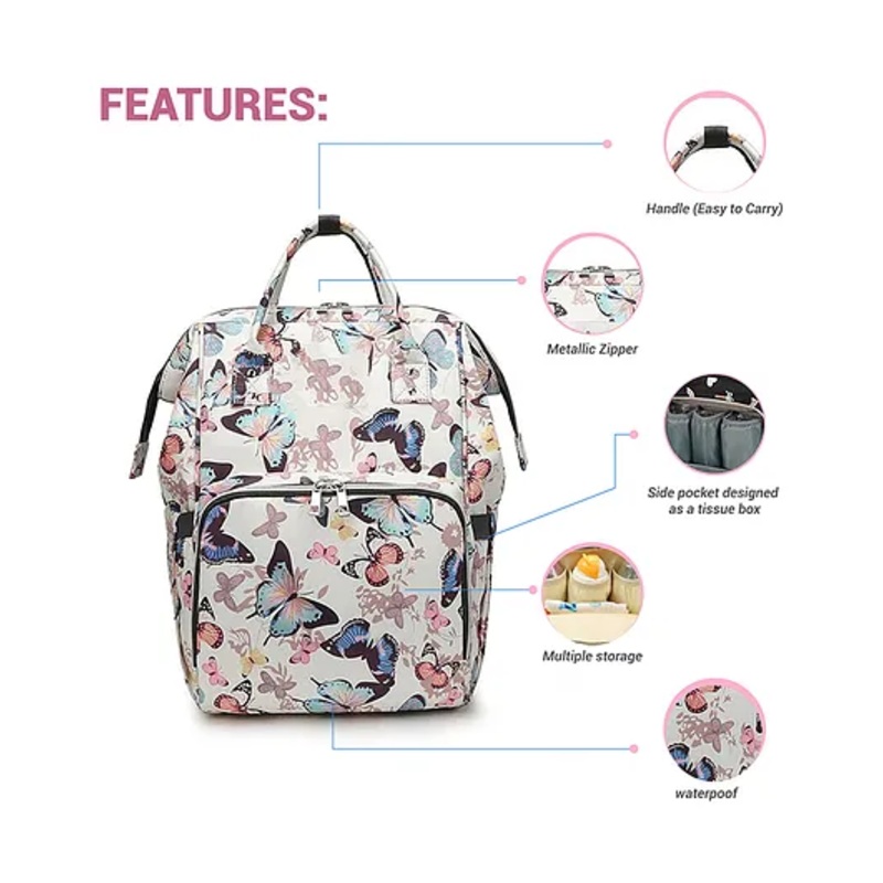 Babymoon Multifunction Backpack Style Maternity Butterfly Print Diaper Bag – White