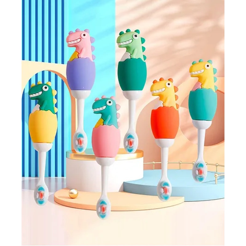 Cots and Cuddles Cute 3D Dino Shape Microfiber Soft Bristles Toothbrush for Kids (Random Color) (pack of 2)