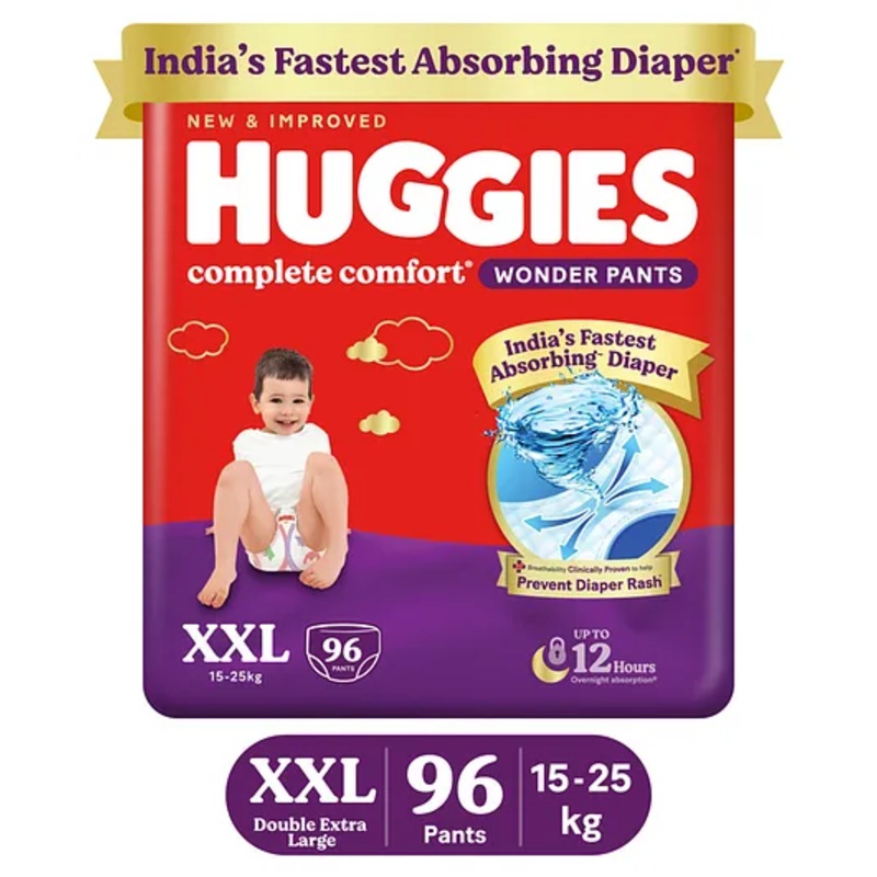 Huggies Complete Comfort Wonder Pants, India’s Fastest Absorbing Diaper | XXL Size, 96 Diapers