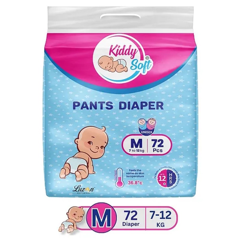 KiddySoft Baby Diaper Pants | Super Absorbent with Criss Cross Layer | Up to 12 Hours Protection | Softest Top Sheet | Comfortable Fit | Medium (7-12 KG) | Pack of 1 (72 Diapers )
