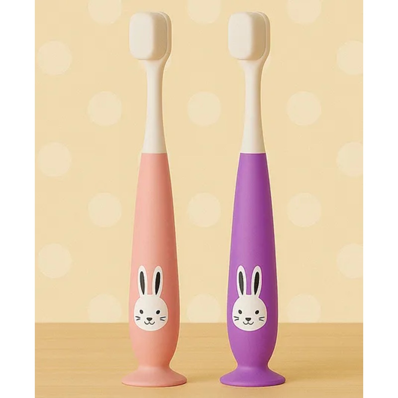 KIDS BASIC Baby Toothbrush with Bunny Design Soft Bristle with Cup Base – Purple & Pink (Pack of 2)