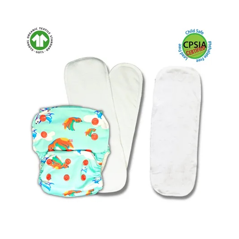 Kindermum Birdie Nano Pro Aio Cloth Diaper With 2 Organic Inserts and Power Booster – Multicolour