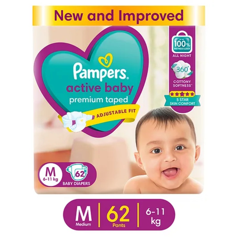 Pampers Active Baby Taped Diapers, Medium size diapers, (M) 62 count, taped style custom fit