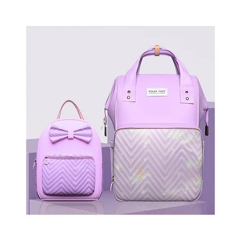 Polka Tots MamaMini Multifuntional Luxe Duo Diaper Bag For Parent & Kid Backpack With a Tote Bag Packaging – Purple